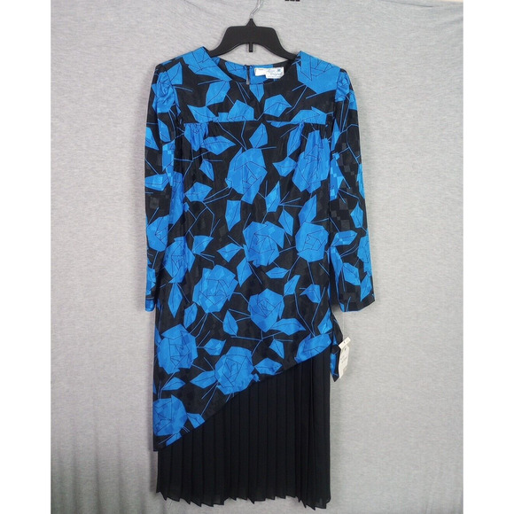 Vintage Dress 14 1/2 Blue Black Formal Lorac Original Division Lady Carol - Picture 1 of 14